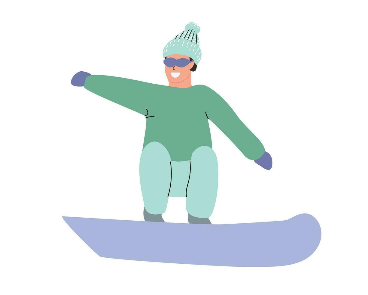 man in a snowboard jump practices active winter sport. Vector illustration isolated. Cute boy or manperson of male in winter clothes leads an active lifestyle