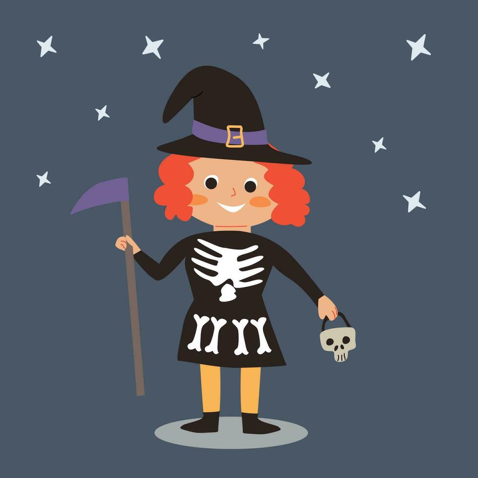 Halloween vector child girl in skeleton costume
