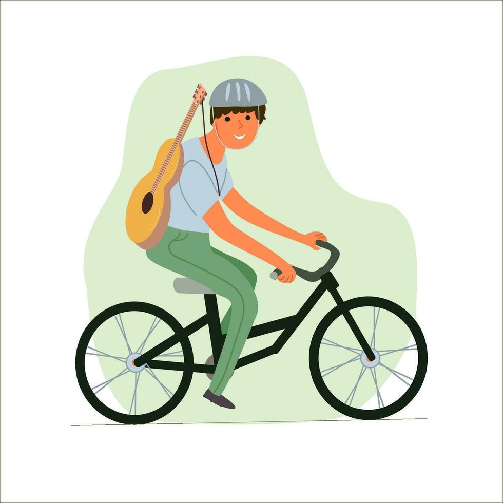 Young man, boy with guitar rides a bicycle vector