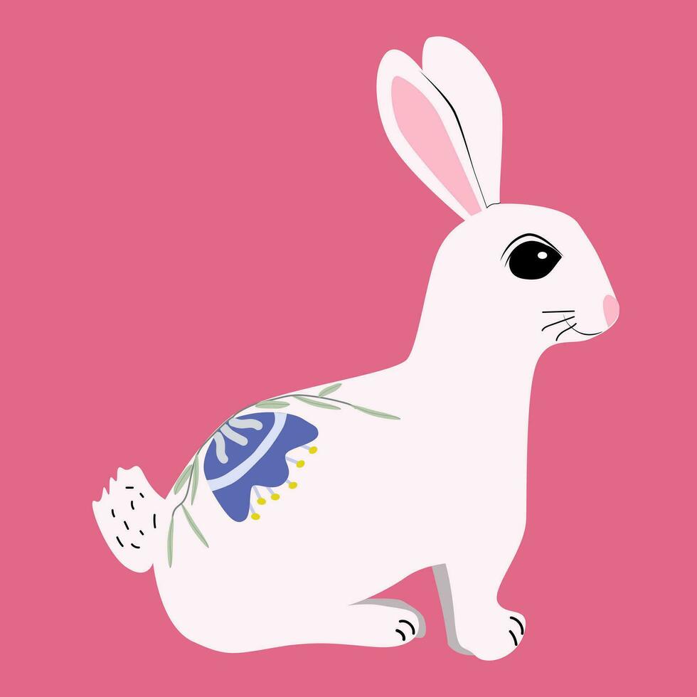 white rabbit in cartoon style with flowers vector