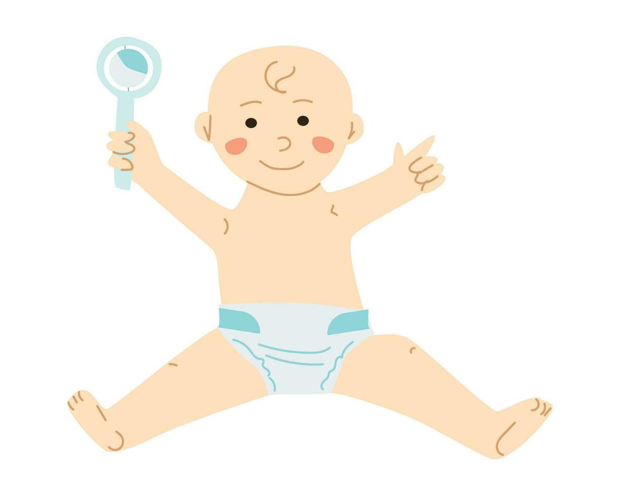 cute baby boy with rattle in diaper, holds hand up vector
