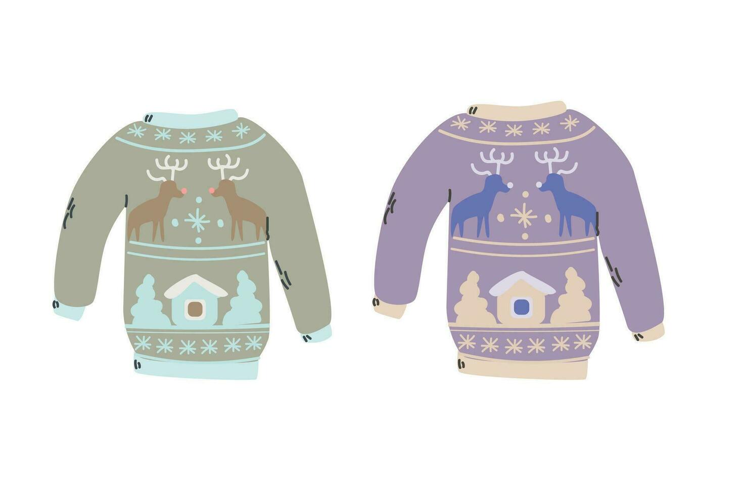 Cute ugly sweater with deer, house in winter set vector