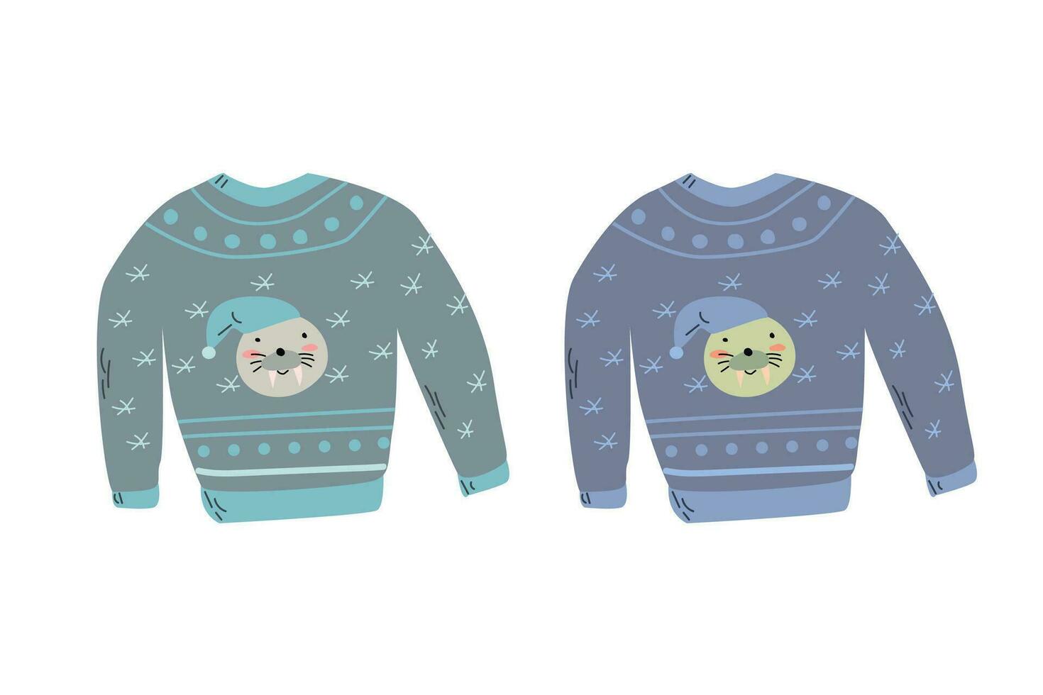set of cute knit ugly sweaters with walrus vector