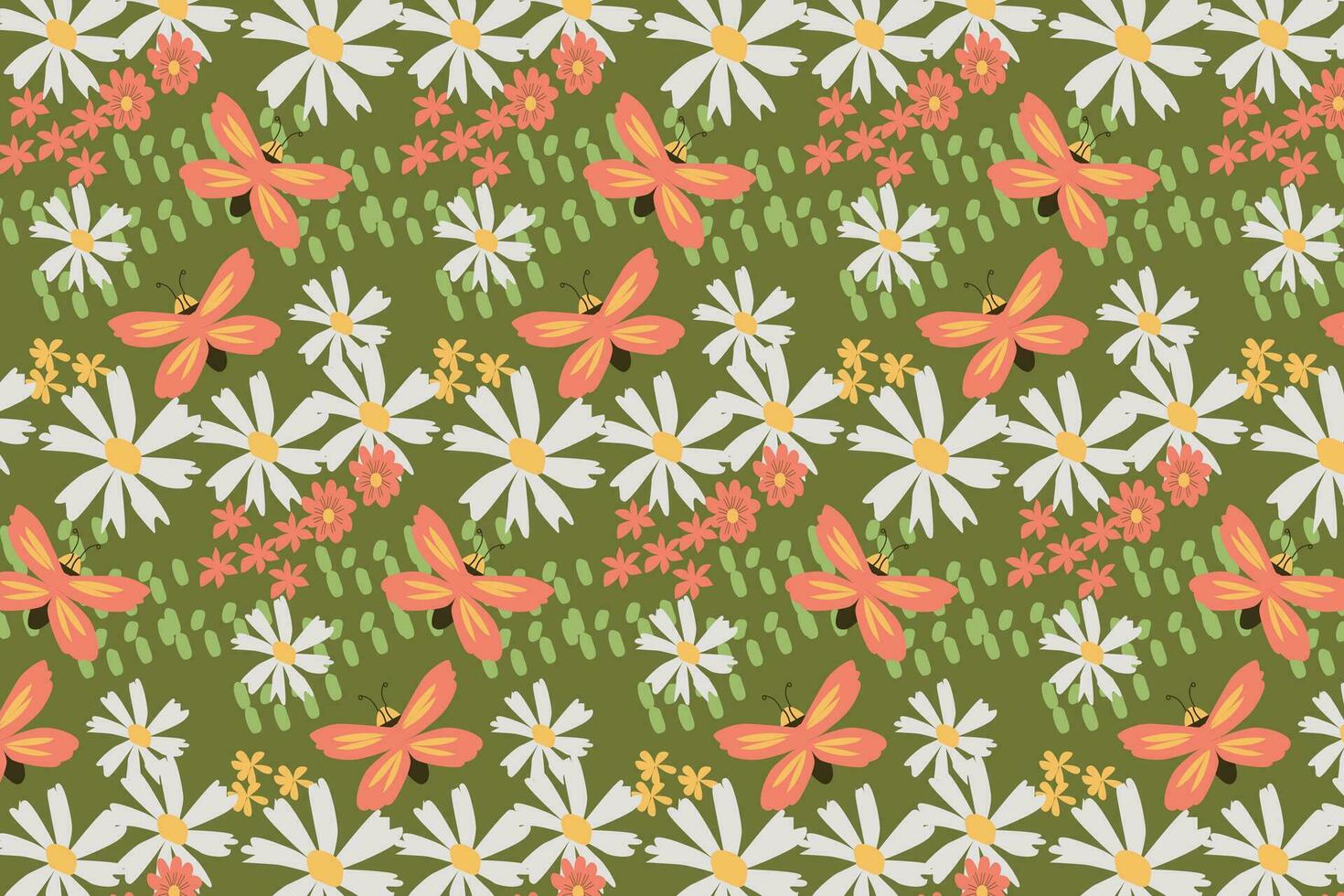 pink butterfly with daisy flowers seamless pattern vector