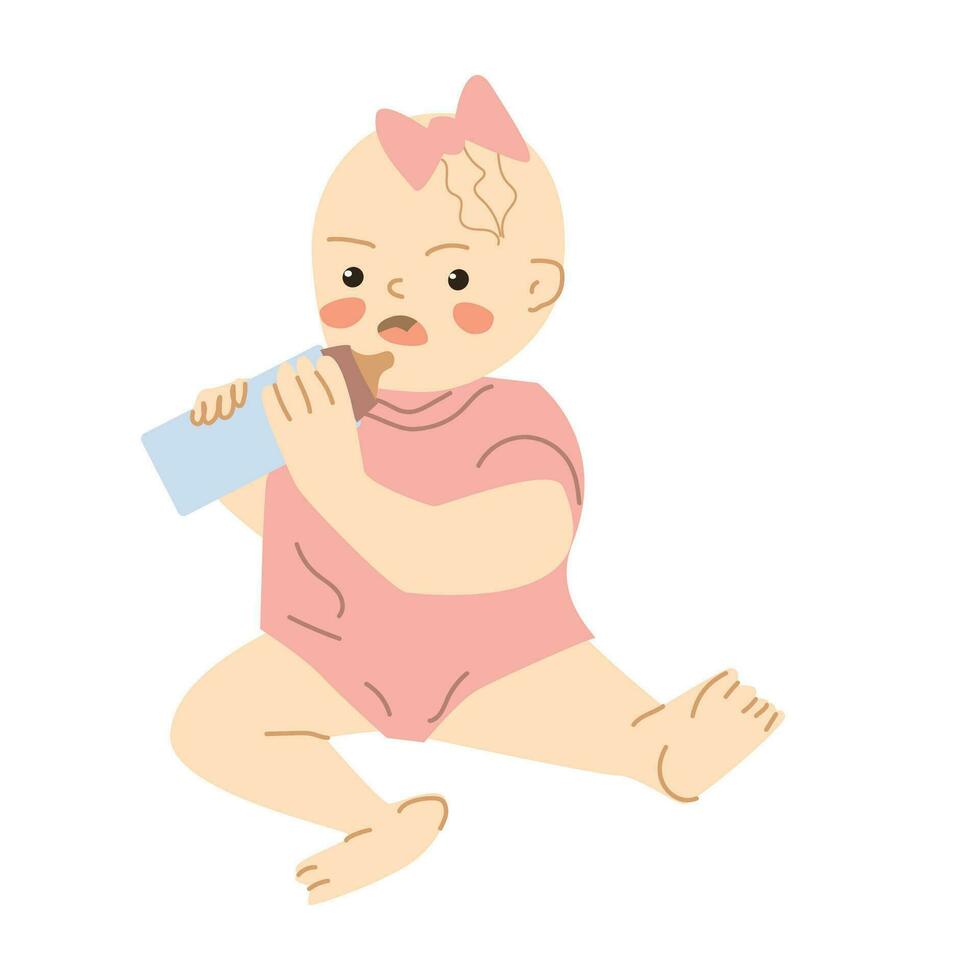 cute baby girl sitting and holding baby bottle vector