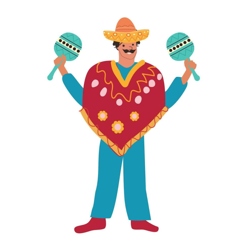 mexicano hombre personaje con maracas, vector plano