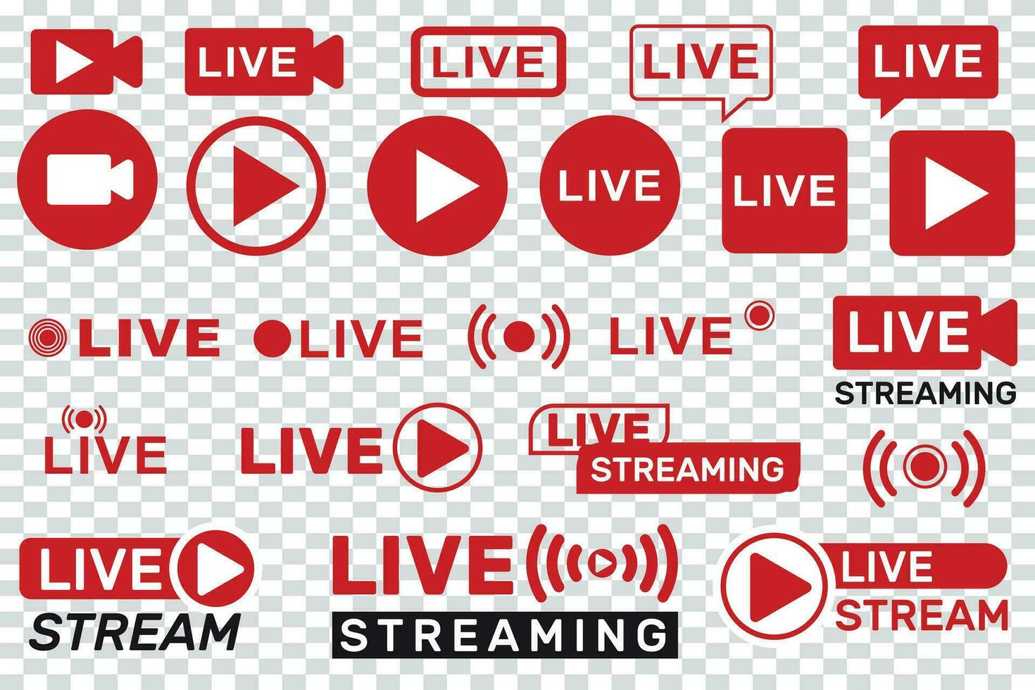 Set of Live stream or webinar icons. Live event. Stream, webinar, chat. icons for streaming, live broadcast, blog, television, shows, live performances, news and various video content. Vector