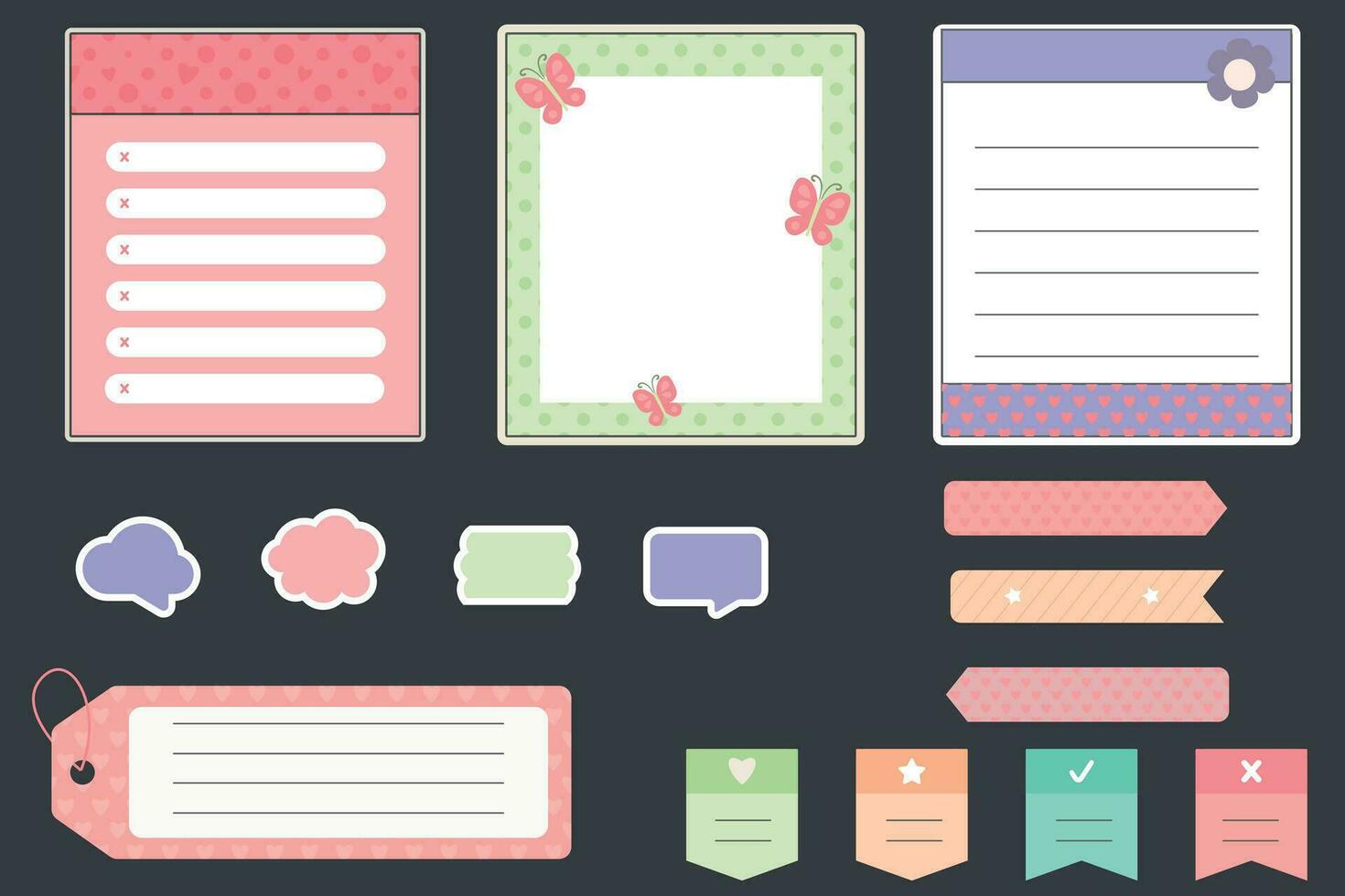 Various paper notes on stickers. Information board with blank paper notes for reminders, to-do list, planner, schedule. hand drawn vector illustration. cartoon style. Vector illustration