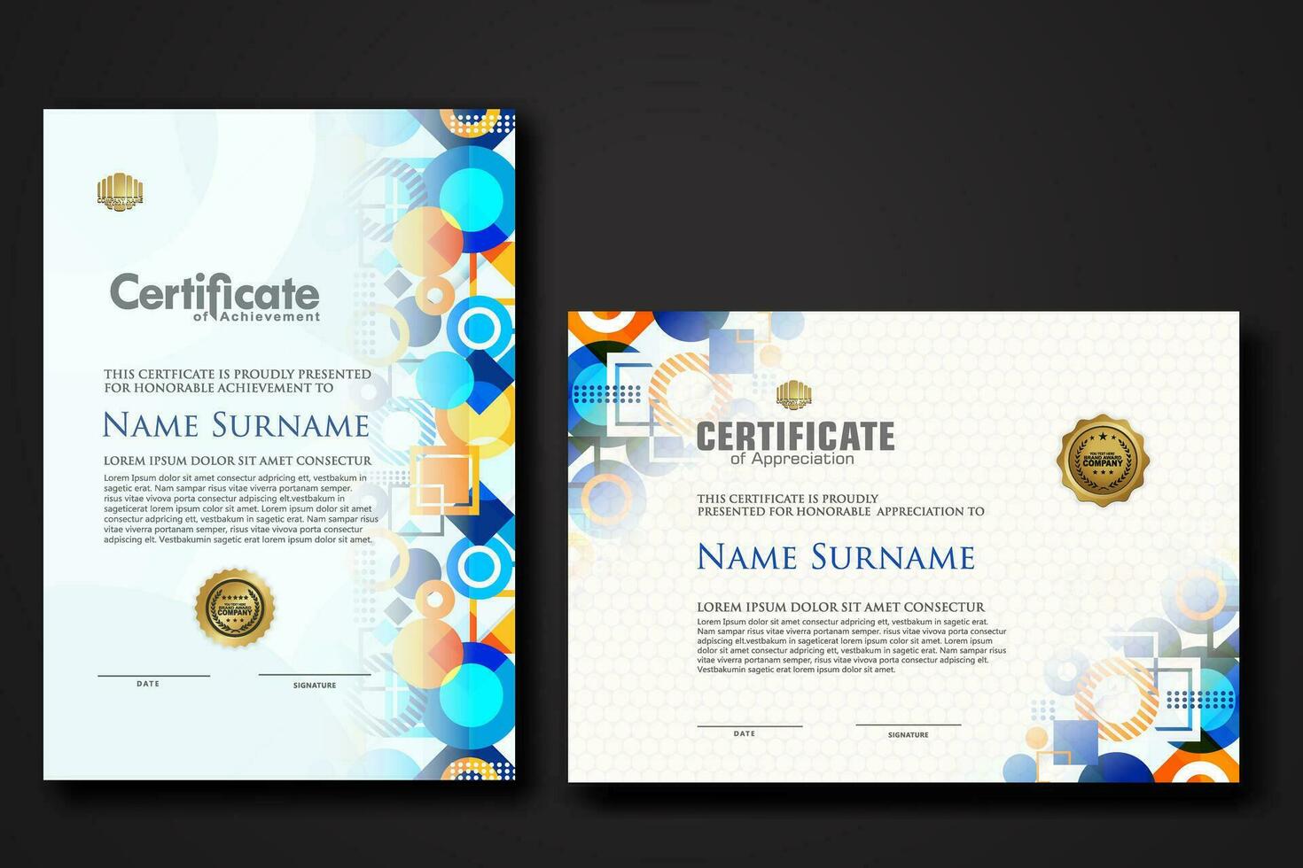 modern certificate template with dynamic color on geometric shape ornament vector