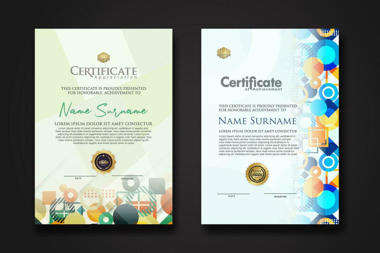 modern certificate template with dynamic color on geometric shape ornament vector