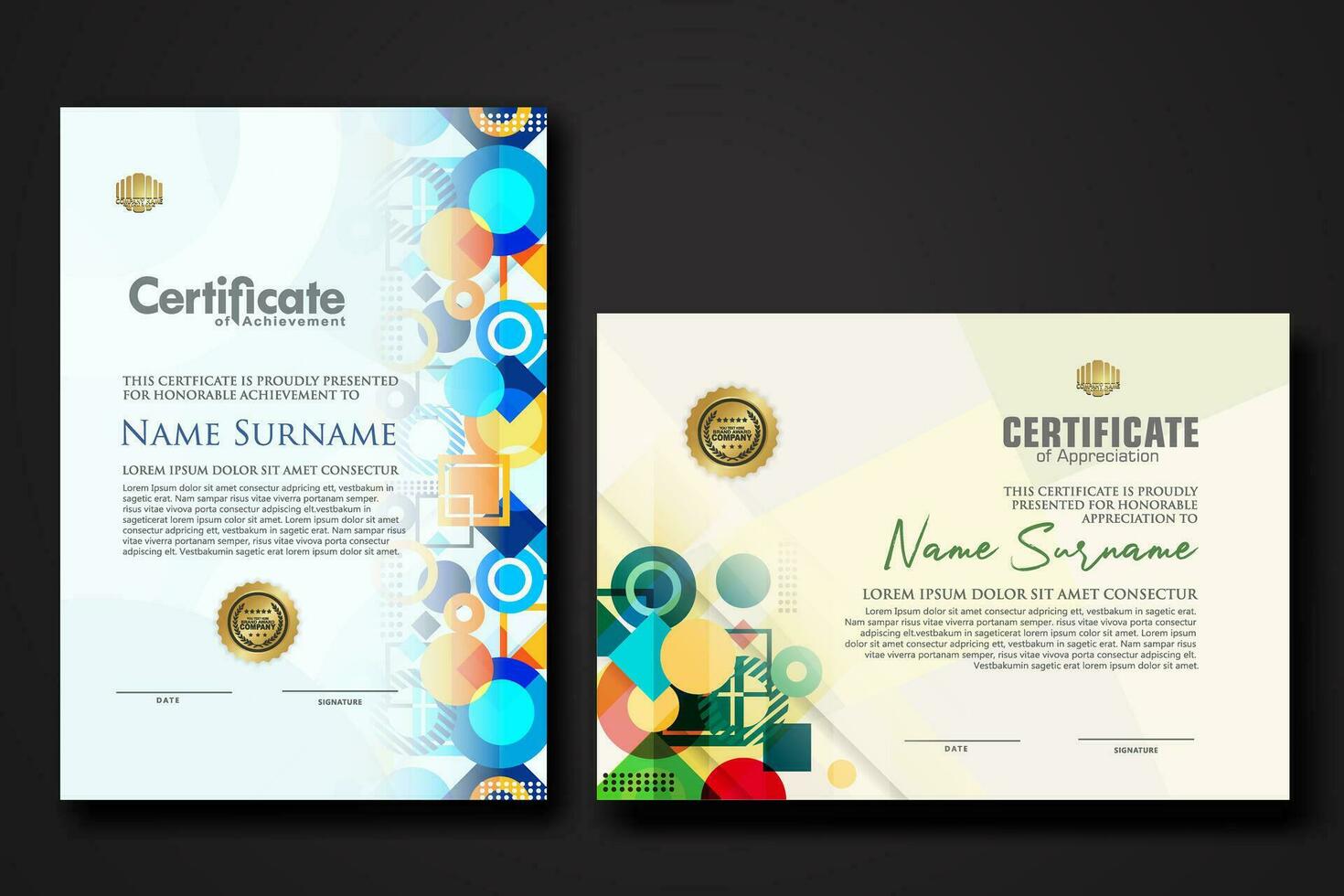 modern certificate template with dynamic color on geometric shape ornament vector