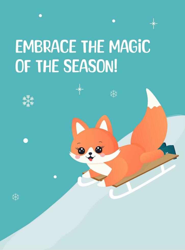 winter card, greeting, new year and christmas. with a cute fox. vector
