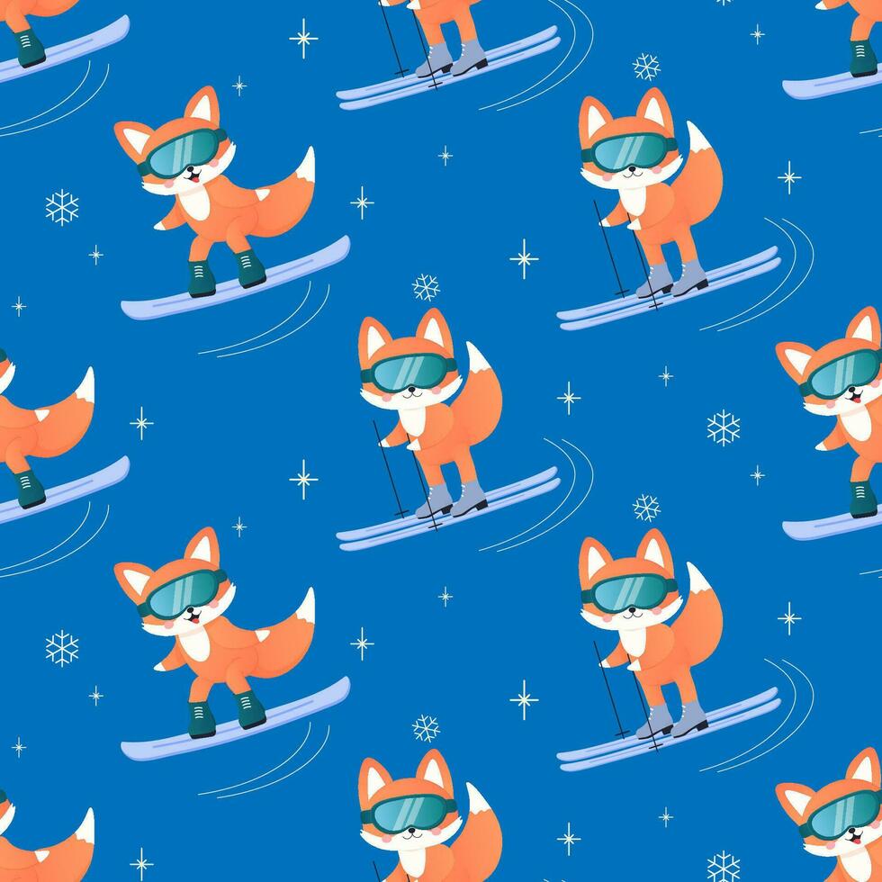 Winter sport fox on skis, sled, snowboard, skates. seamless pattern. vector