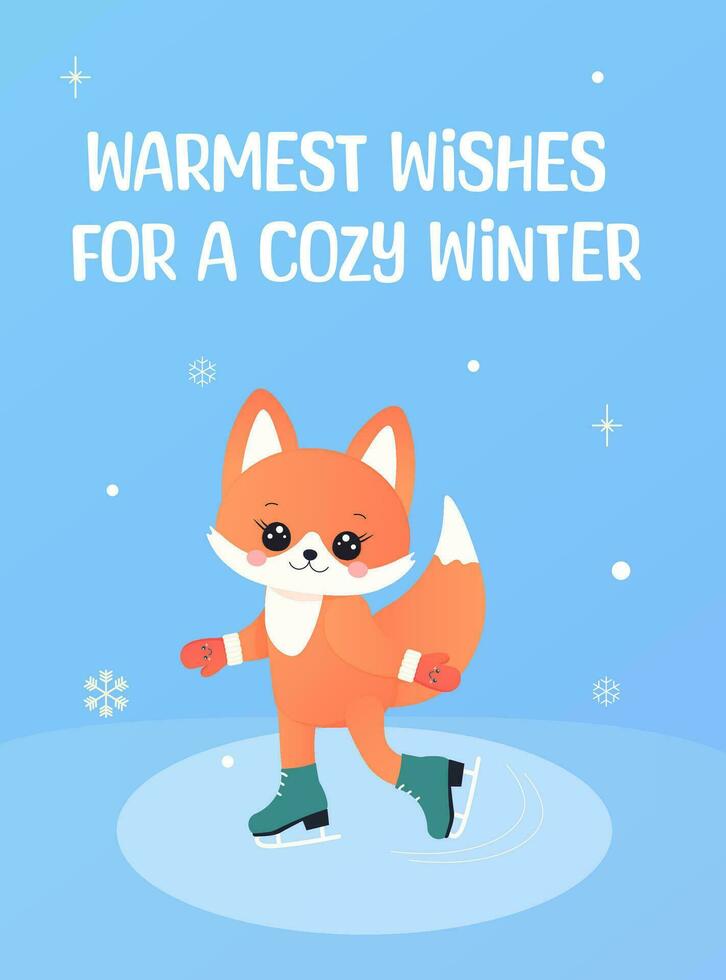 winter card, greeting, new year and christmas. with a cute fox. vector