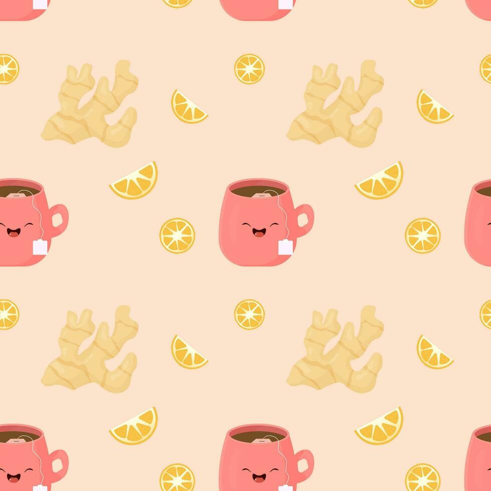 Seamless pattern cup of tea with lemon and ginger. vector