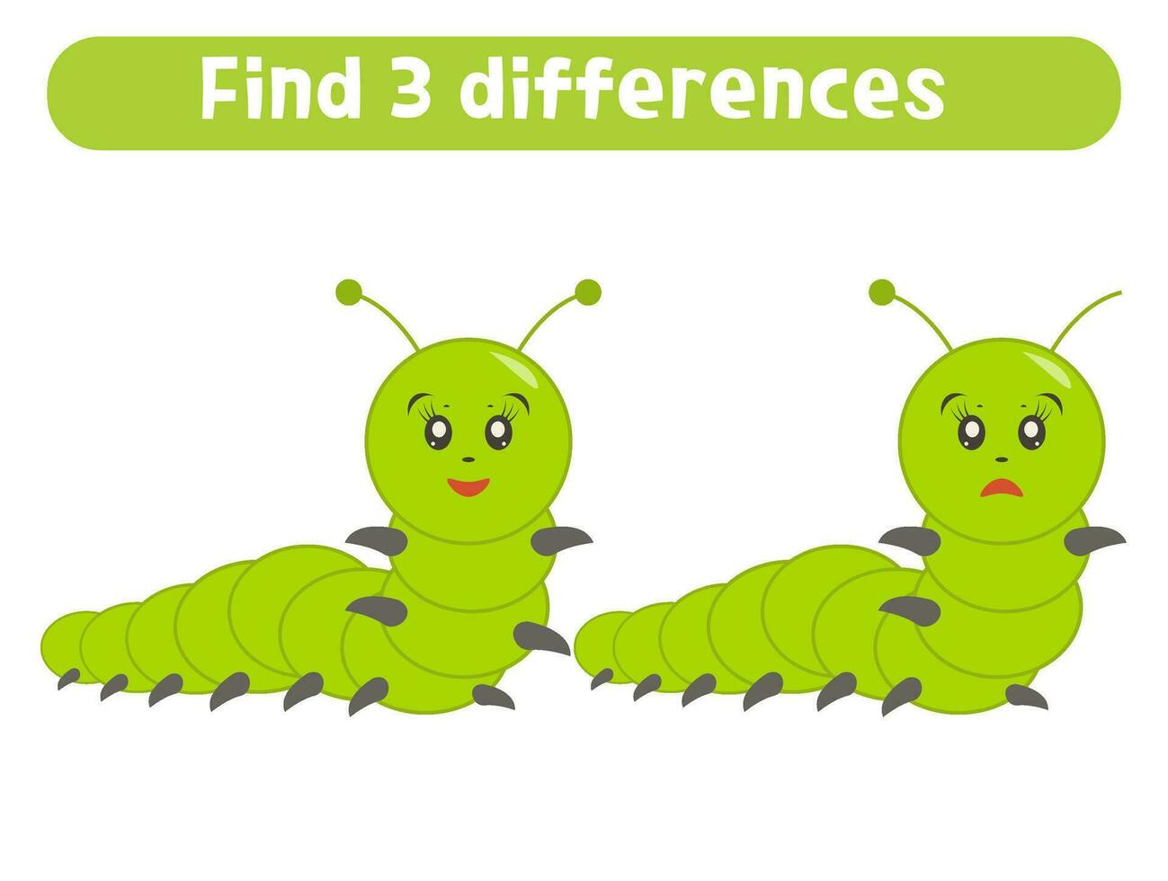 Find three differences. Cute cartoon caterpillar. Worksheet for kids. vector