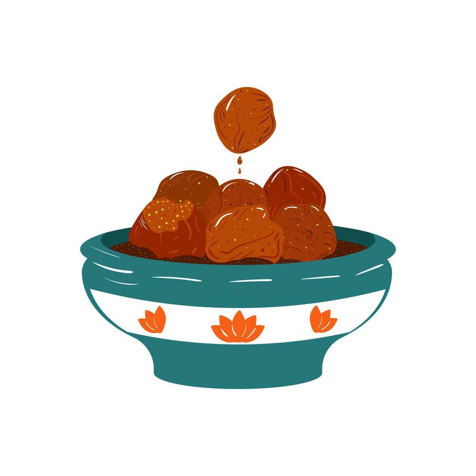 Indian traditional sweet dessert gulab jamun in a bowl with a pattern. Diwali mithai colorful flat illustration. Isolated on white background. vector