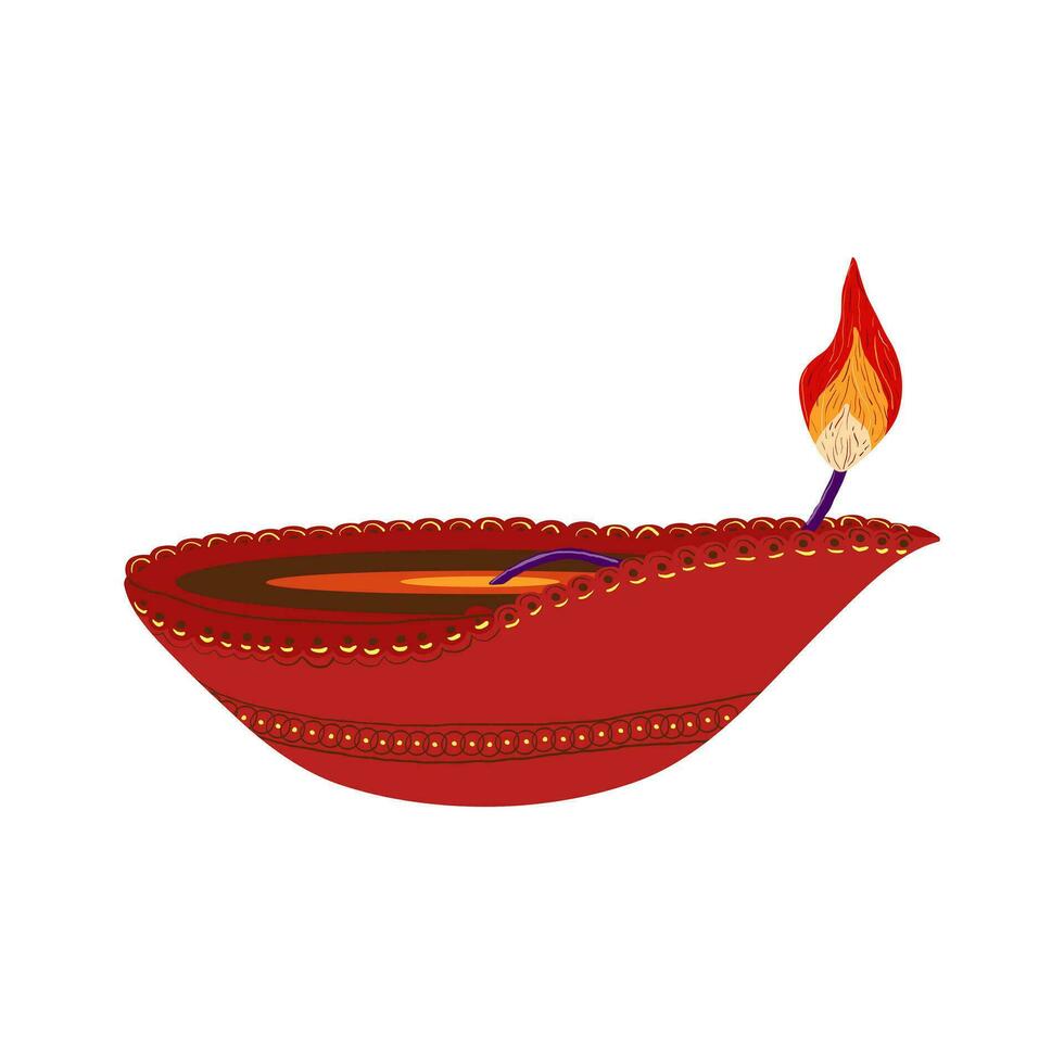 Flat illustration of Diwali symbol Diya. Festive Diwali clipart - colorful cartoon oil lamp Diya. Isolated on white background vector