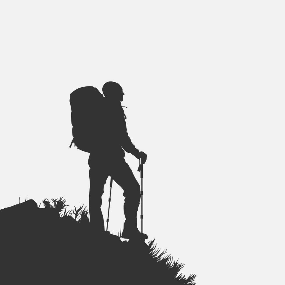 High details of hiking silhouette. Minimal symbol and logo of sport. Fit for element design, background, banner, backdrop, cover, logotype. Isolated on black background. Vector Eps 10