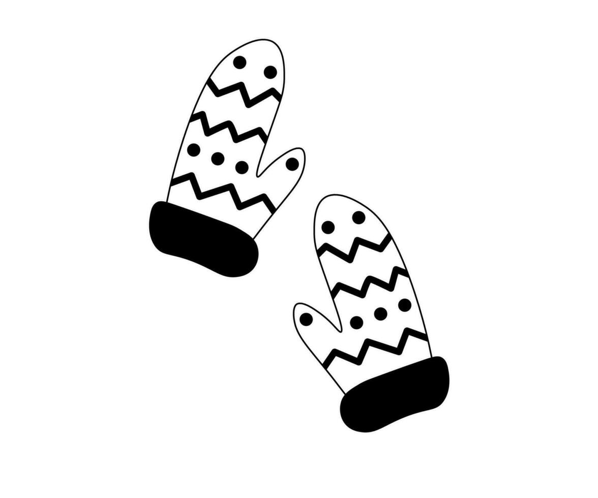 black and white warm gloves,mittens isolated on a white background. Doodle, one line vector