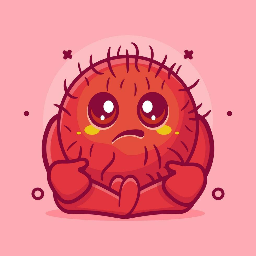 kawaii rambutan fruit character mascot with sad expression isolated cartoon in flat style design vector