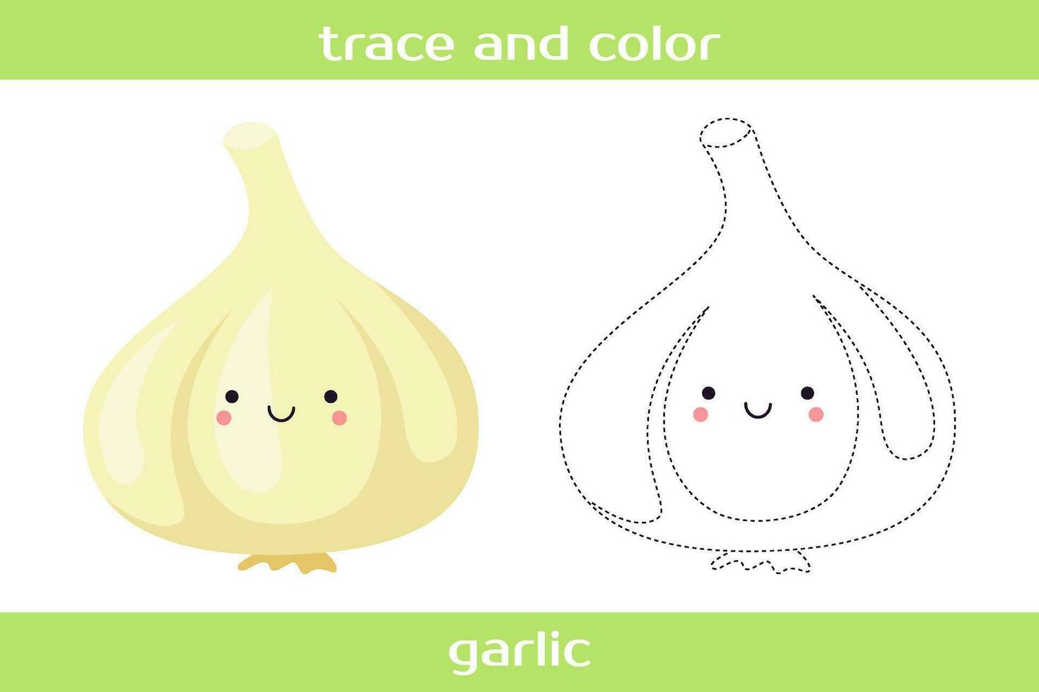 Educational worksheet Trace and color cute kawaii garlic. vector