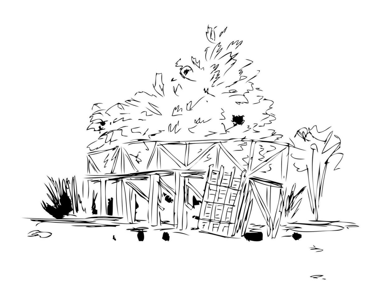 Hand drawing sketch old wooden bridge on the river. Perfect print for tee, poster, card, sticker. vector