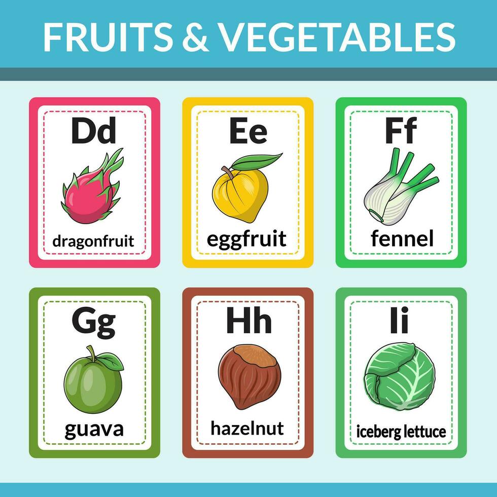 Fruits and vegetables flashcards for introducing alphabets and vocabulary vector illustration