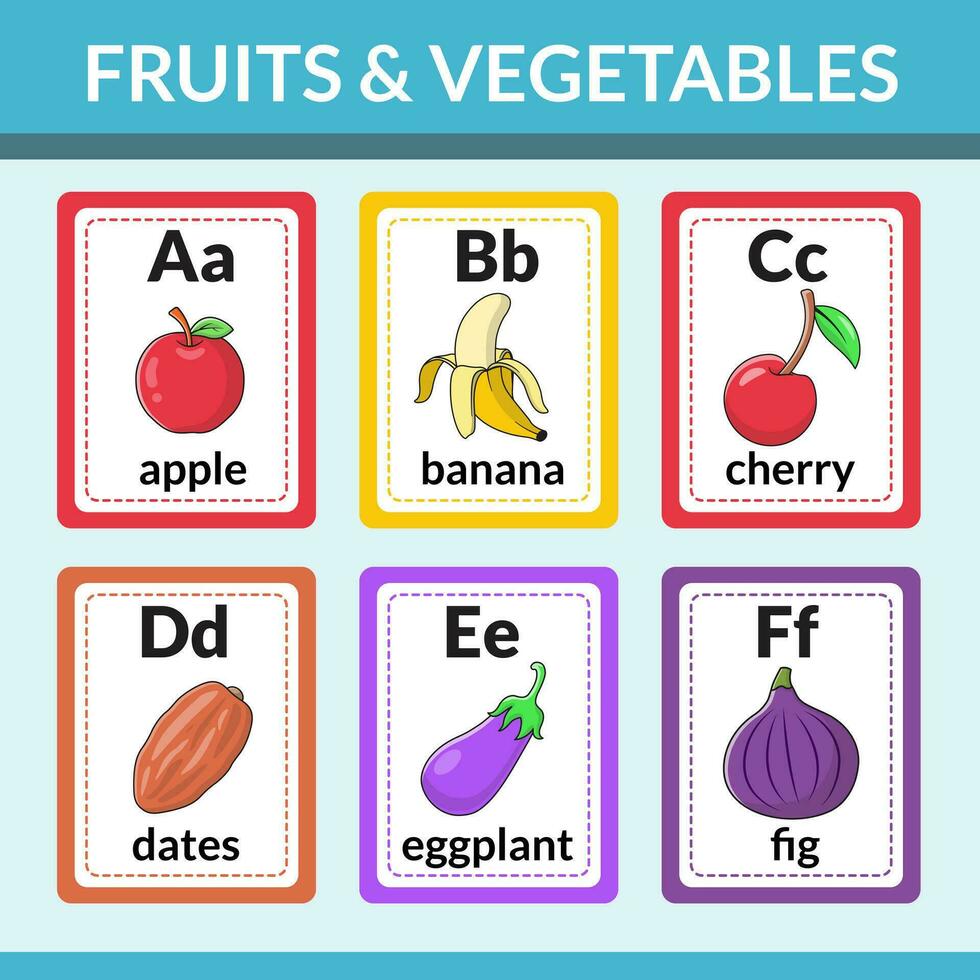 Fruits and vegetables flashcards for introducing alphabets and vocabulary vector illustration