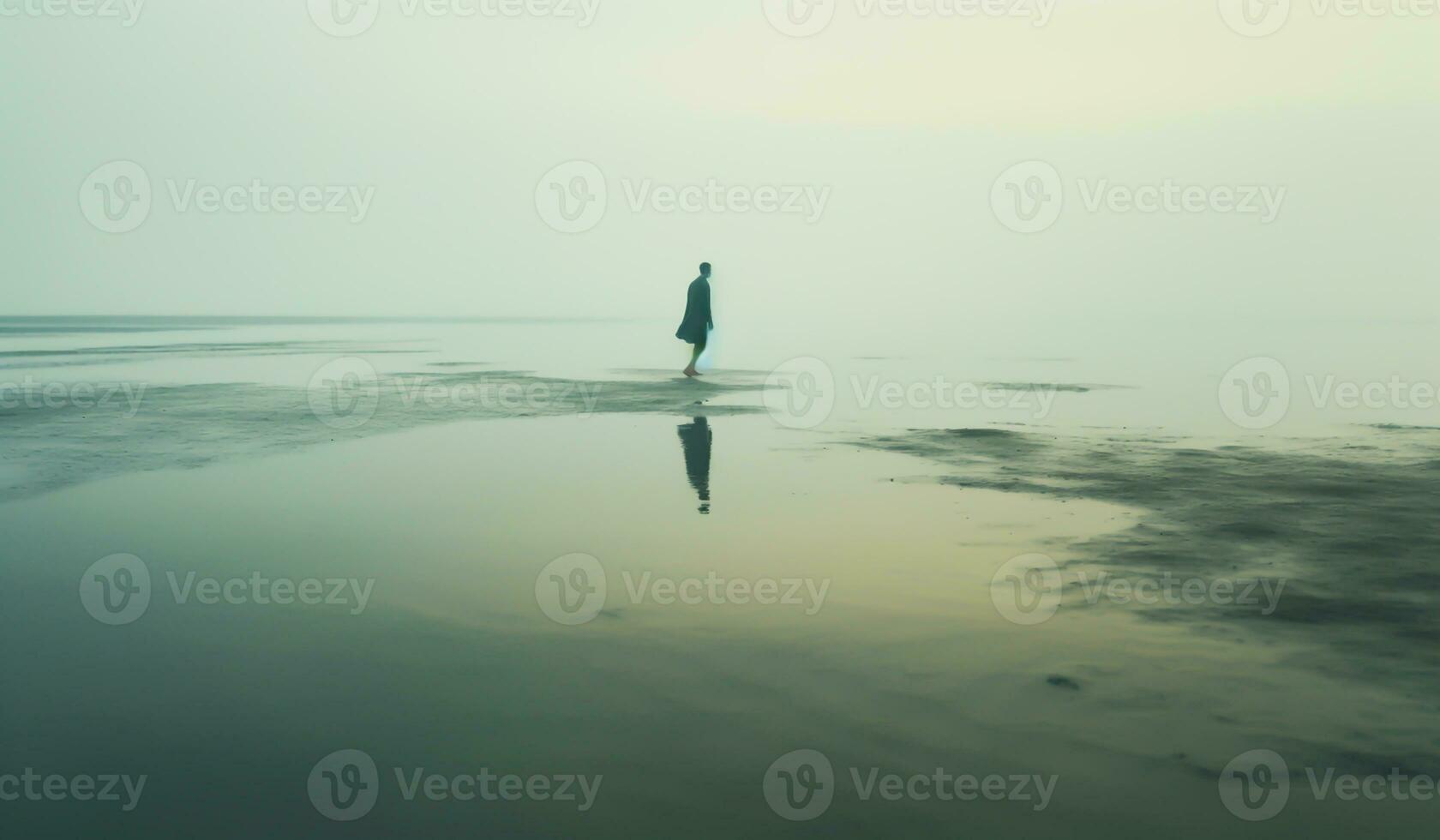 brumoso paisaje con silueta de un persona caminando a lo largo el playa. ai generativo foto