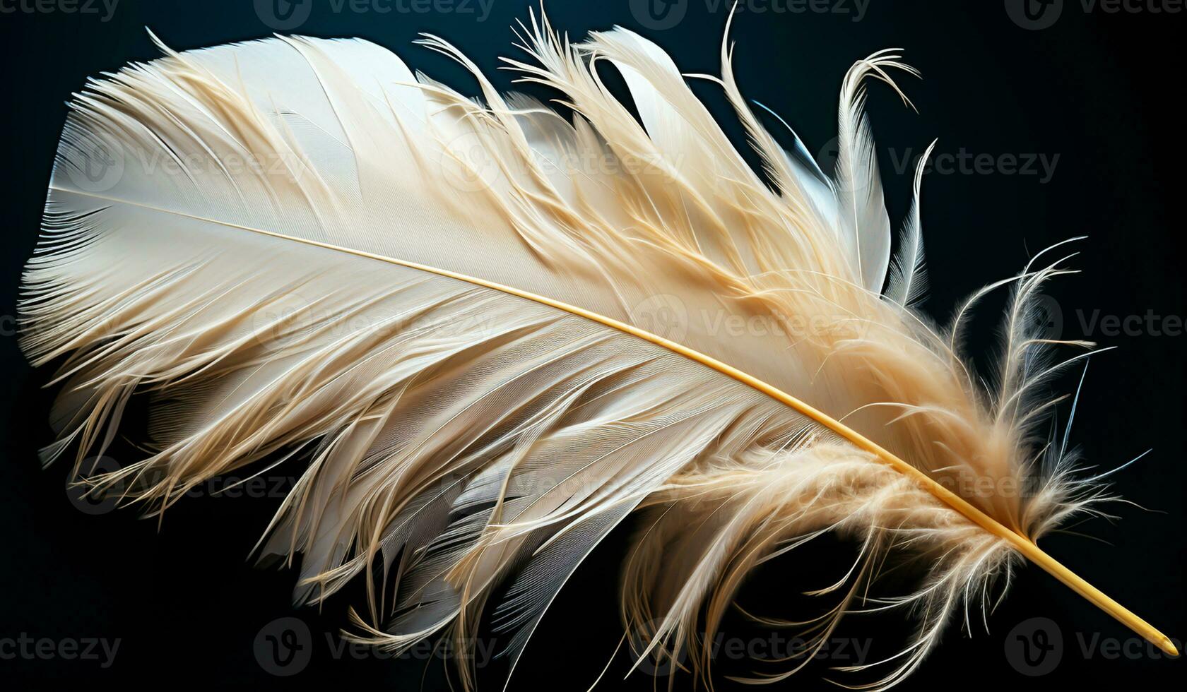 Closeup of white feathers on black background. AI generated photo