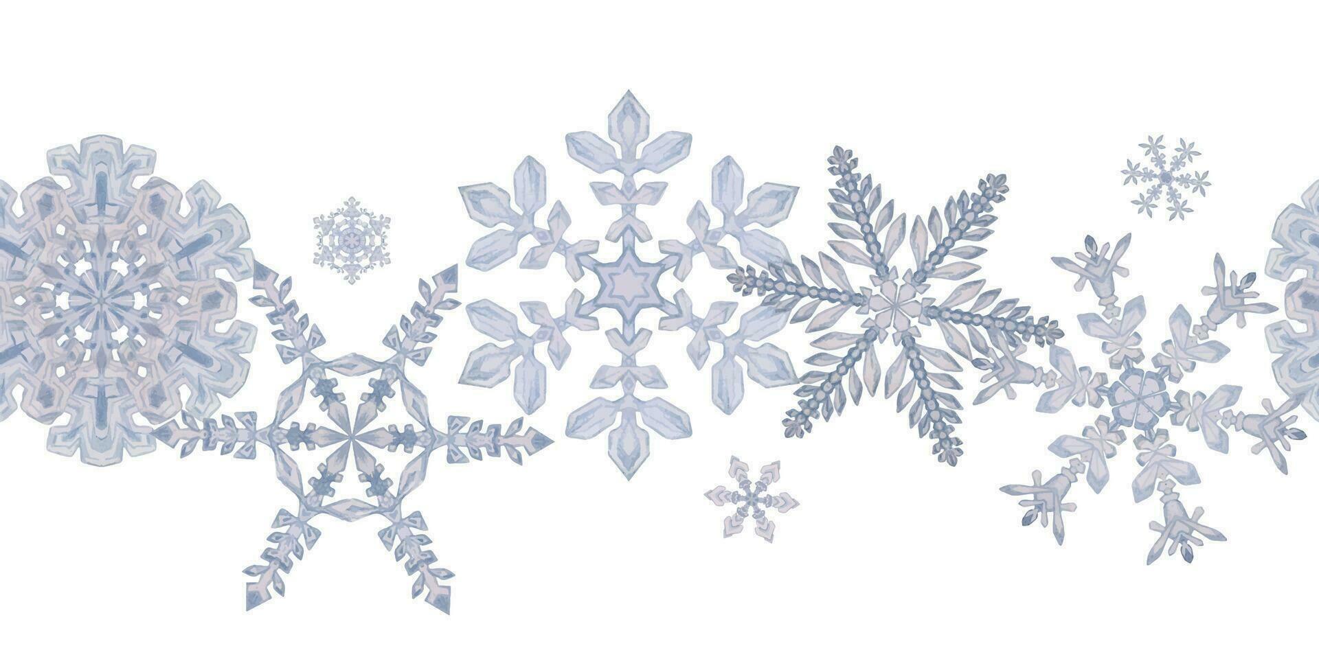 Hand drawn watercolor blue and silver snowflakes, water ice crystals ...