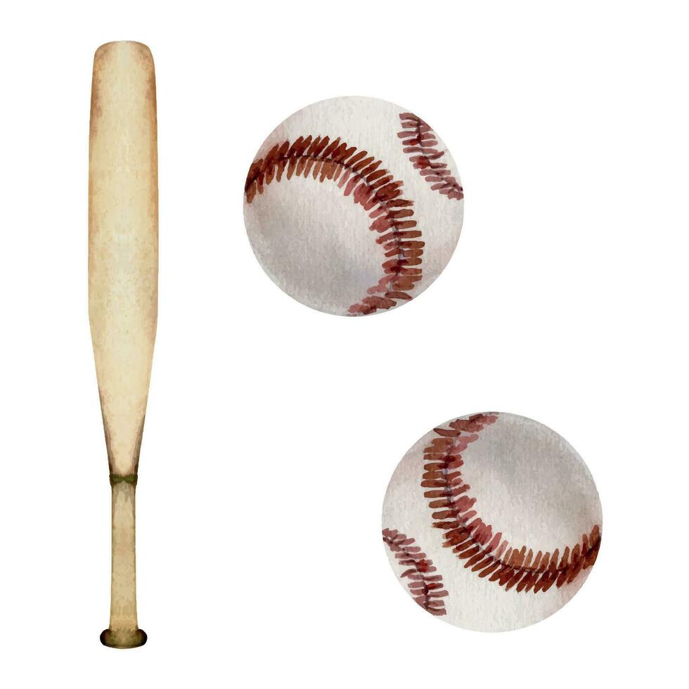 Hand drawn watercolor sports gear equipment, american baseball bat hardwood club and stitched balls. Illustration isolated single object white background. Design poster, print, website, card, shop vector