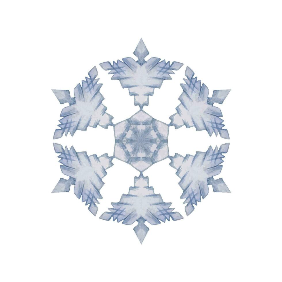 Hand drawn watercolor blue and silver snowflakes, water ice crystal frozen in winter. Illustration, single object isolated on white background. Design for holiday poster, print, website, card, booklet vector