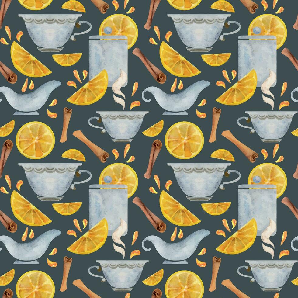 Hand drawn watercolor teaware, tea lemon, dishes crockery porcelain, hot beverage. Seamless pattern isolated on white background. For invitations, cafe, restaurant food menu, print, website, cards vector