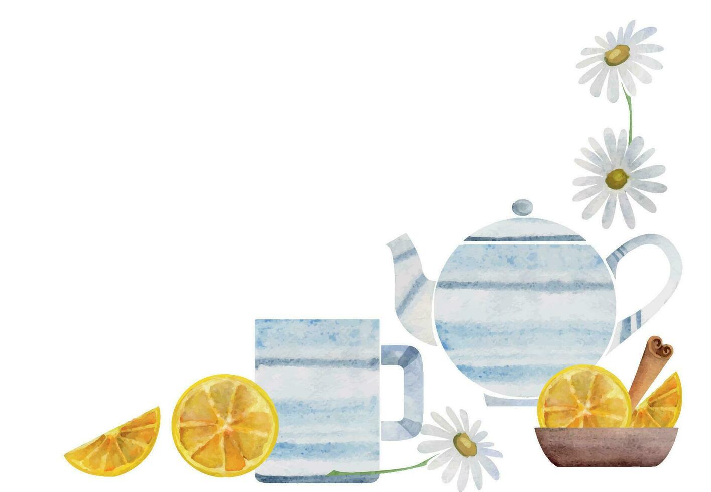 Watercolor hand drawn illustration. Porcelain tea pot, cups mugs, lemon slices, cinnamon, camomile. Isolated on white background. For invitations, cafe or restaurant food menu, print, website, cards vector