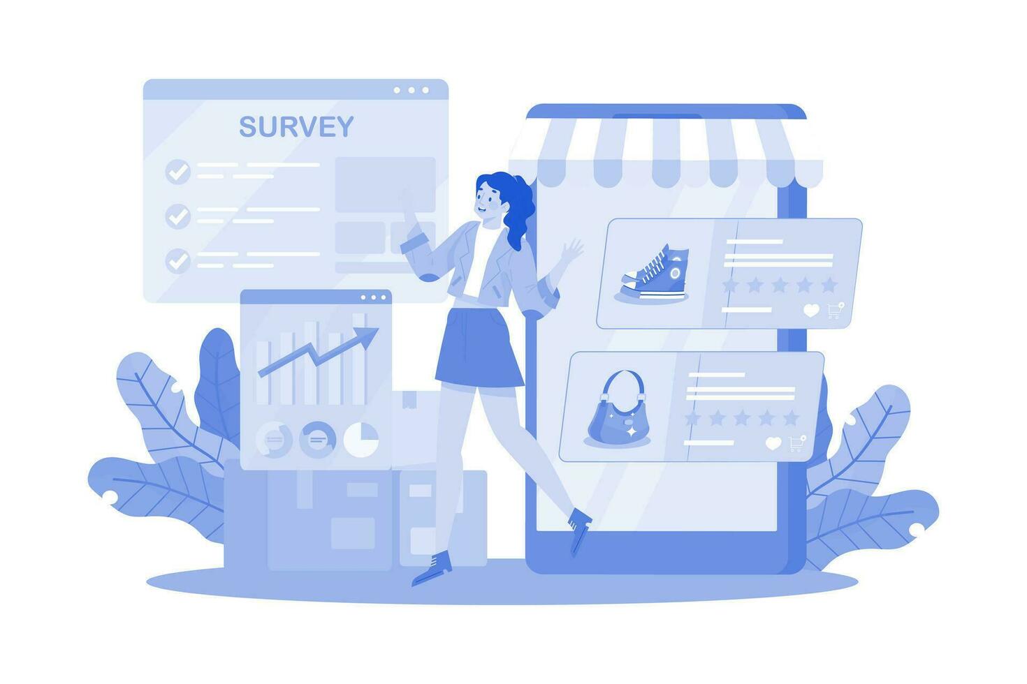 Online surveys aid in market research. vector