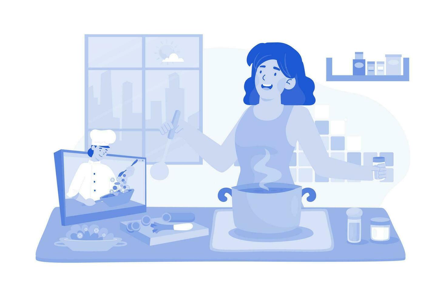 A woman attends a morning cooking class. vector