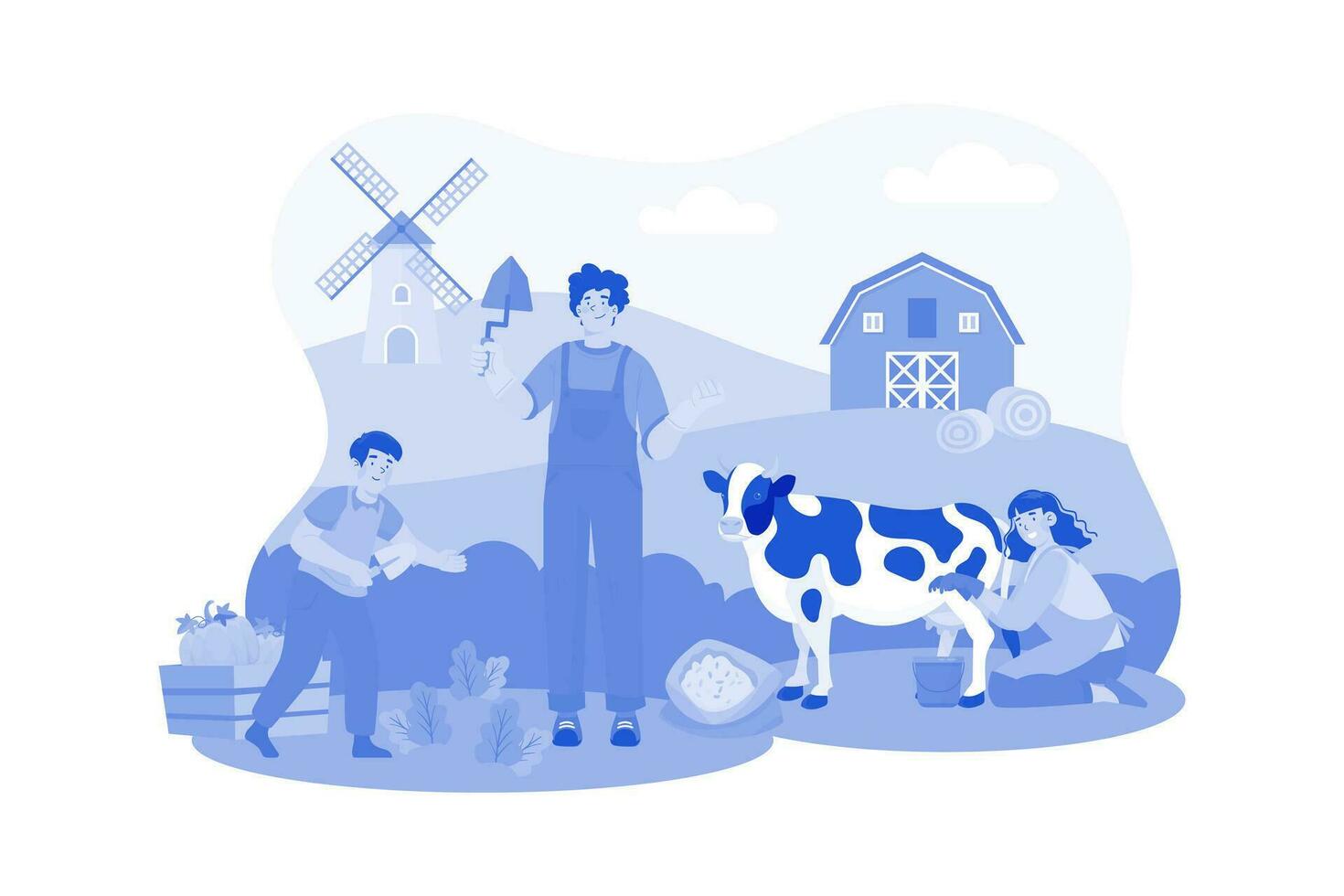 Tourists visit a local farm for a morning tour and activities. vector