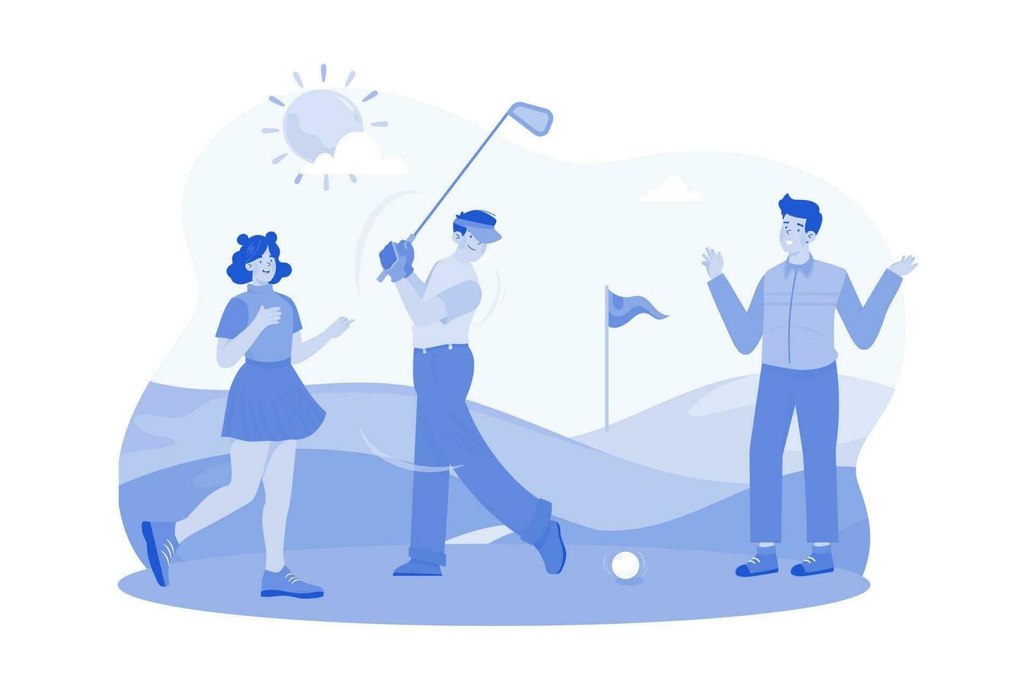 amigos jugar un Mañana redondo de golf a un hermosa curso. vector