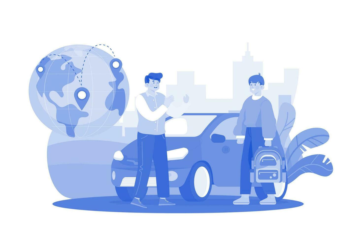 Man rents car for exploration. vector