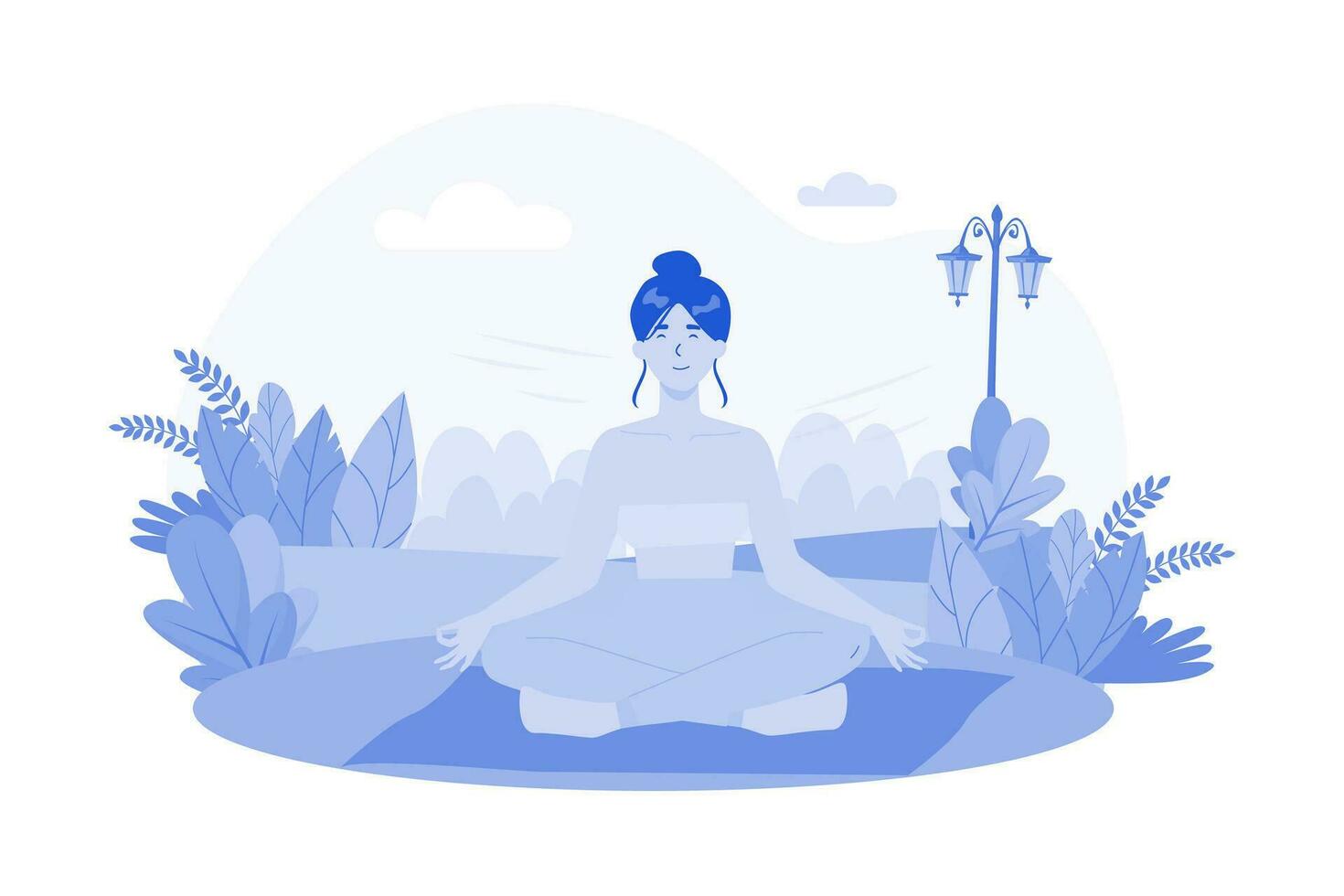 un mujer medita en un pacífico jardín en el Mañana vector