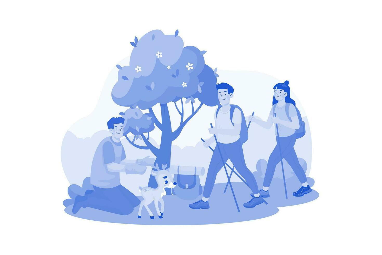 turistas Vamos en un guiado naturaleza caminar a aprender acerca de local flora y fauna. vector