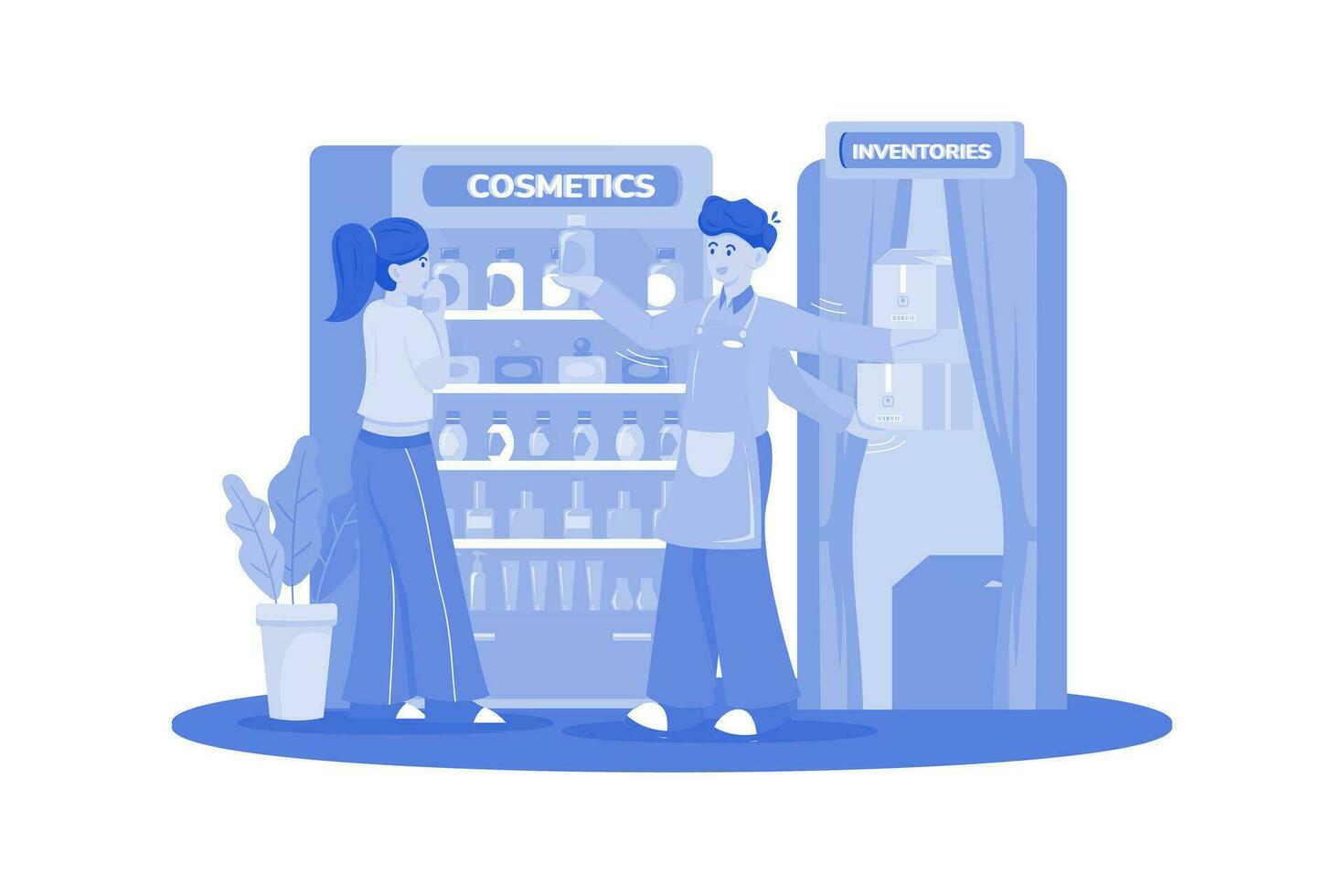 Retail collaborators assist customers in inventory management. vector