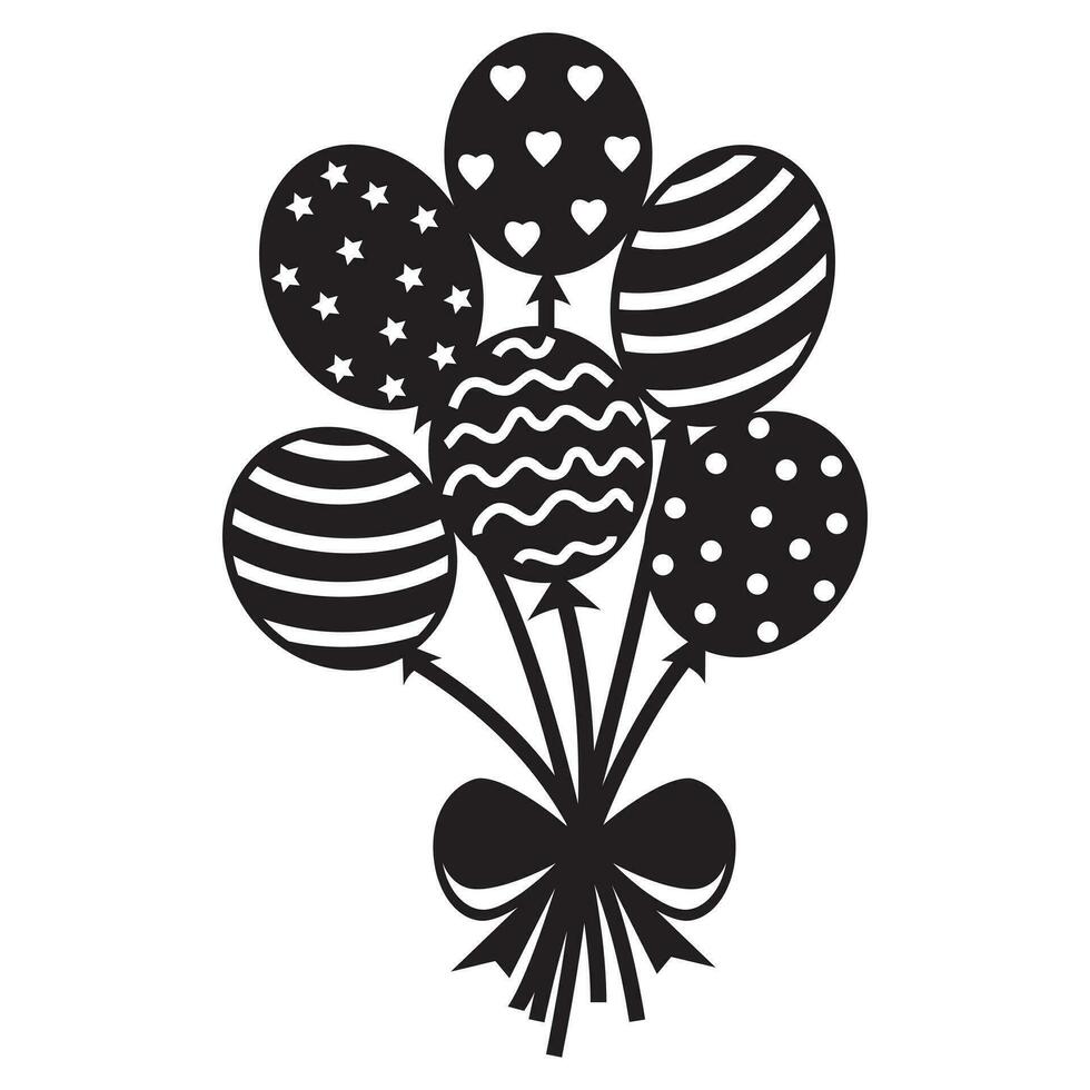 Bouquet and balloons, black stencil, isolated vector illustration