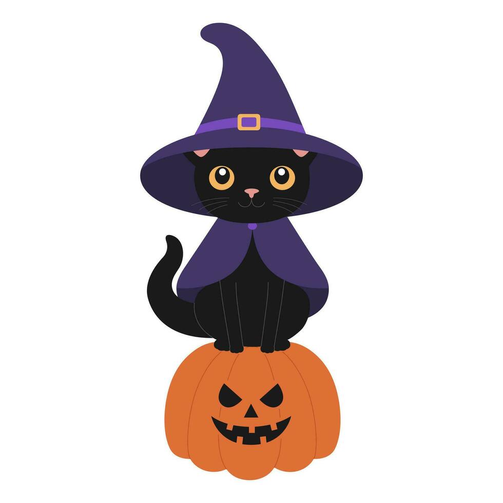 Cute black cat in witch hat and mantle sitting on scary pumpkin. Halloween design with animal. Vector flat illustration for banner, poster, greeting card