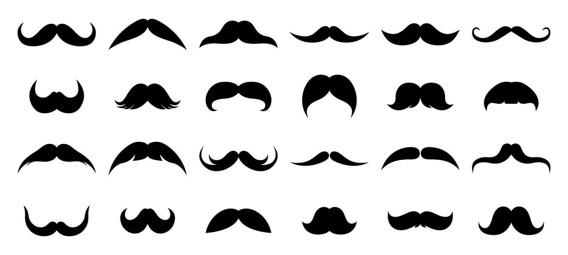 Mustache set. Black silhouettes of various male moustaches. Men's facial hair. Hipster, gentleman, barbershop concept. Vector flat illustration isolated on white background