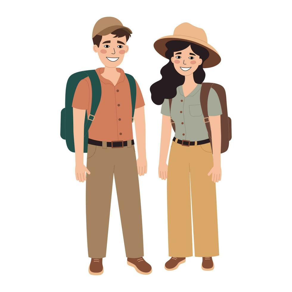 Happy young couple of tourists with backpacks. Travelers man and woman in standing pose. Tourism, hiking concept. Vector flat illustration isolated on white background