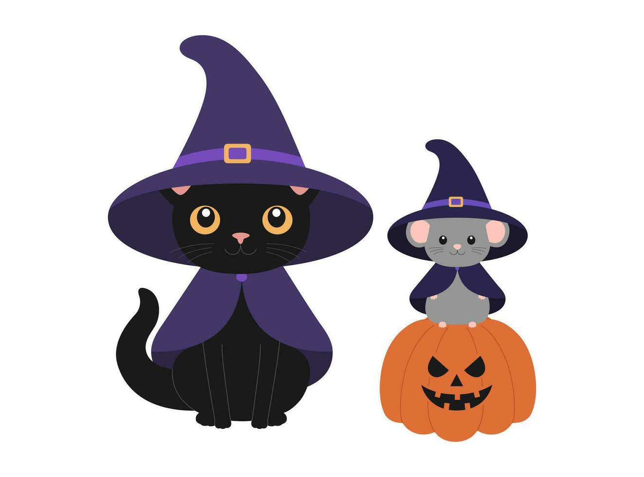 Cute black cat and little mouse in witch hats and mantles with scary pumpkin. Halloween design with animals. Vector flat illustration for banner, poster, greeting card