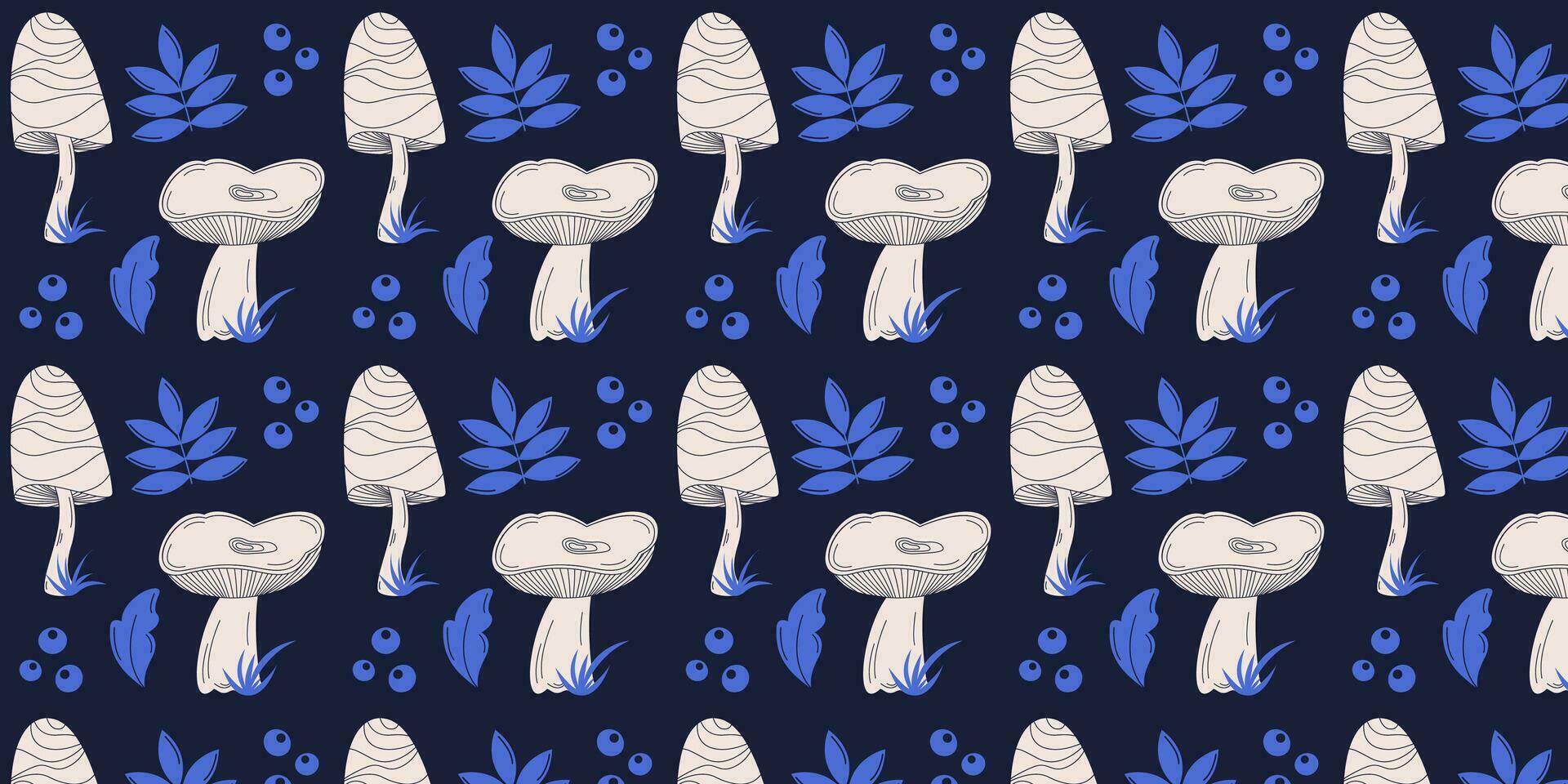 Seamless vector pattern with light mushrooms, blue leaves and berries on a dark blue background